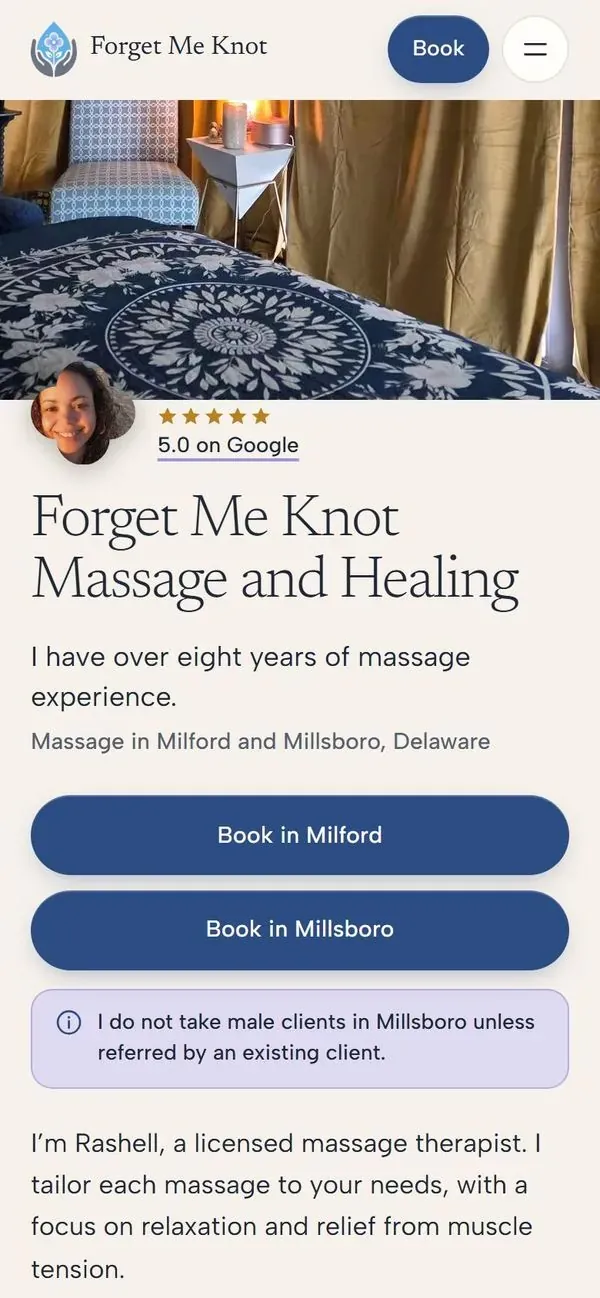 The new site on a phone: a photo of her massage room, her photo and 5.0 rating on Google, Book in Milford and Book in Millsboro buttons, and her note about male clients in Millsboro.