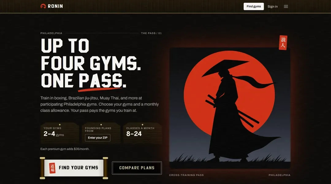 Ronin's home page now: the headline Up to four gyms. One pass., the range of gyms and classes a plan covers, a ZIP box, a scroll-shaped Find your gyms button, and a samurai in front of a red sun.